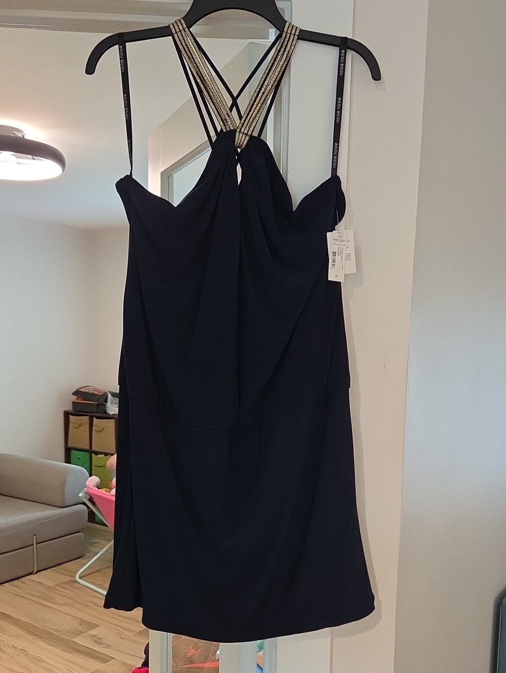 Strap Detail Navy Evening Dress with Gold Accent